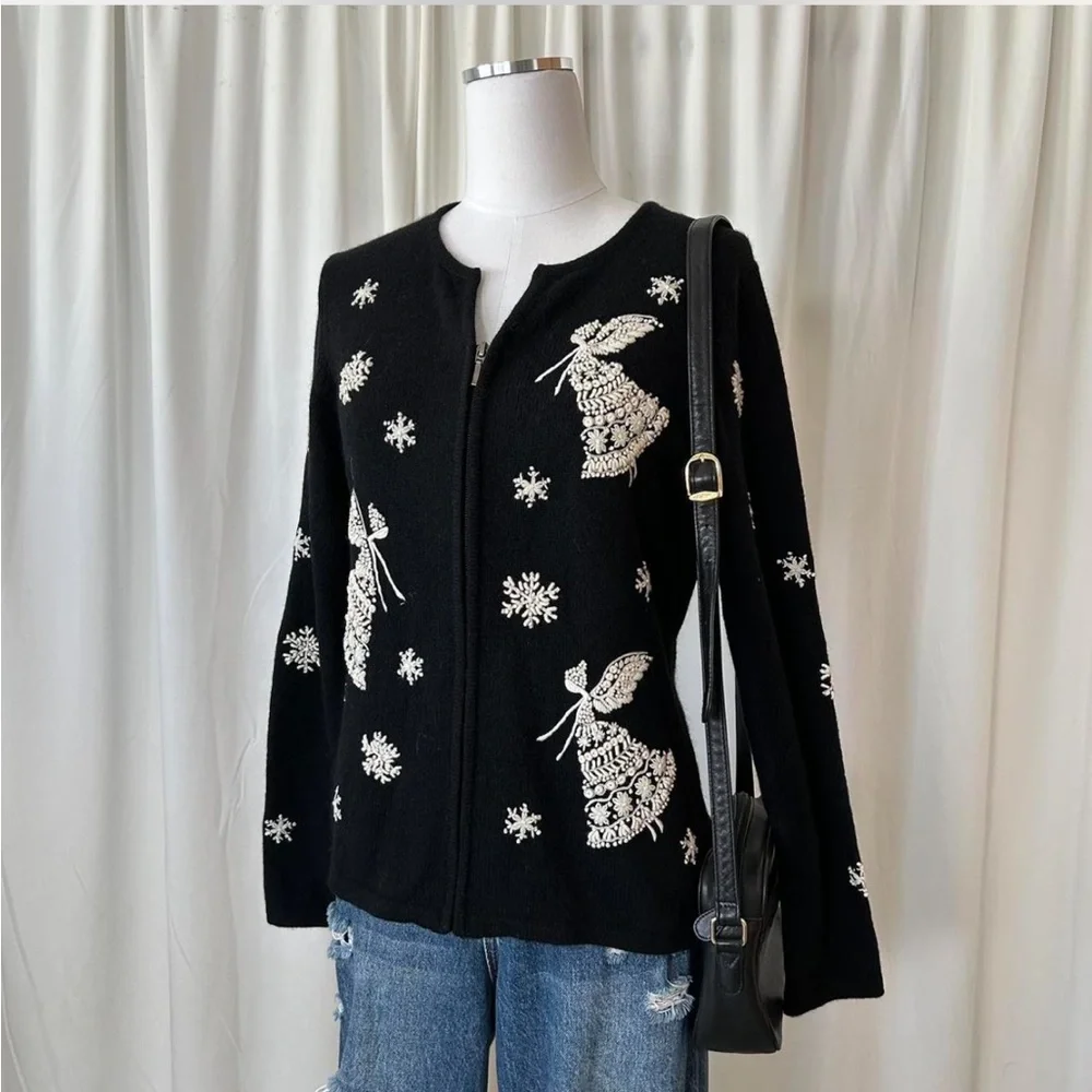 Vintage 1990s Talbots Black and white snow angel wool cardigan sweater size M - Picture 2 of 8